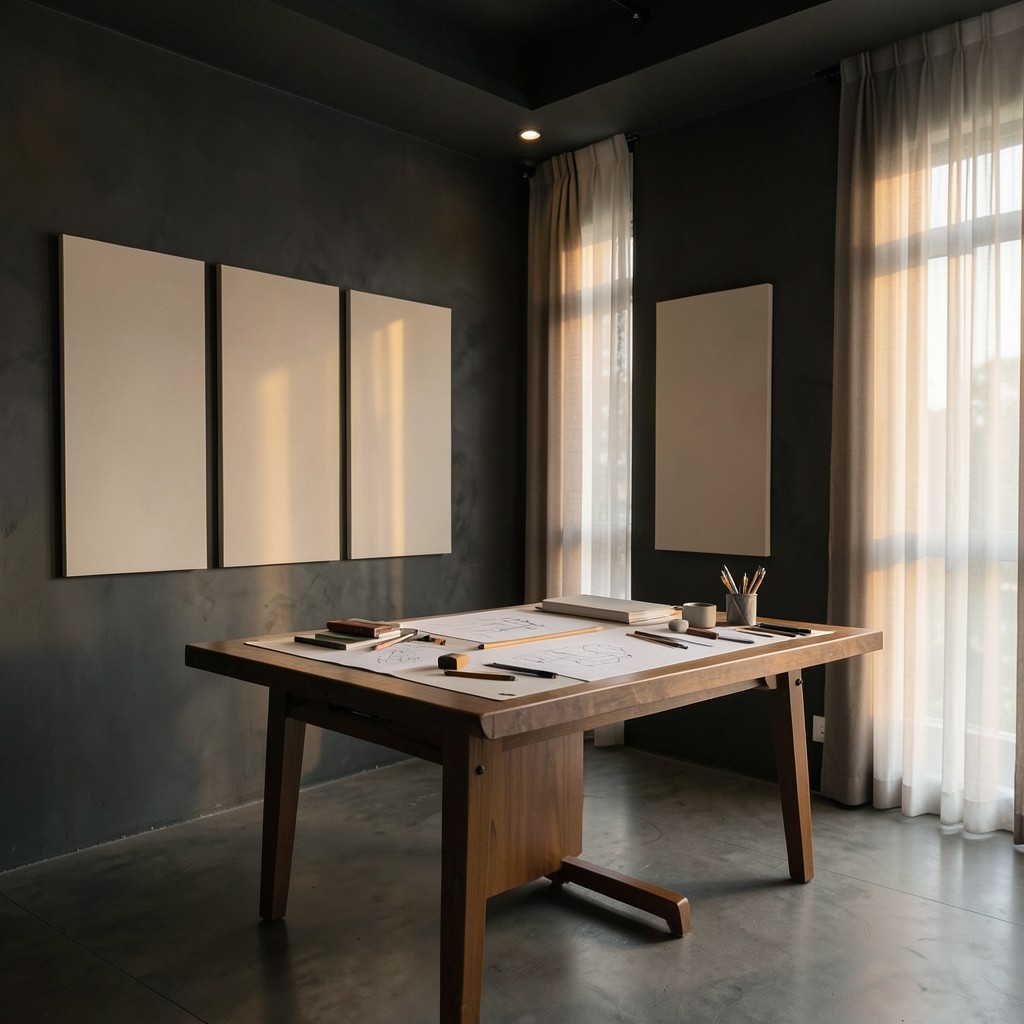 Visionpanelpoint studio workspace in Bangkok with reference panels on the wall